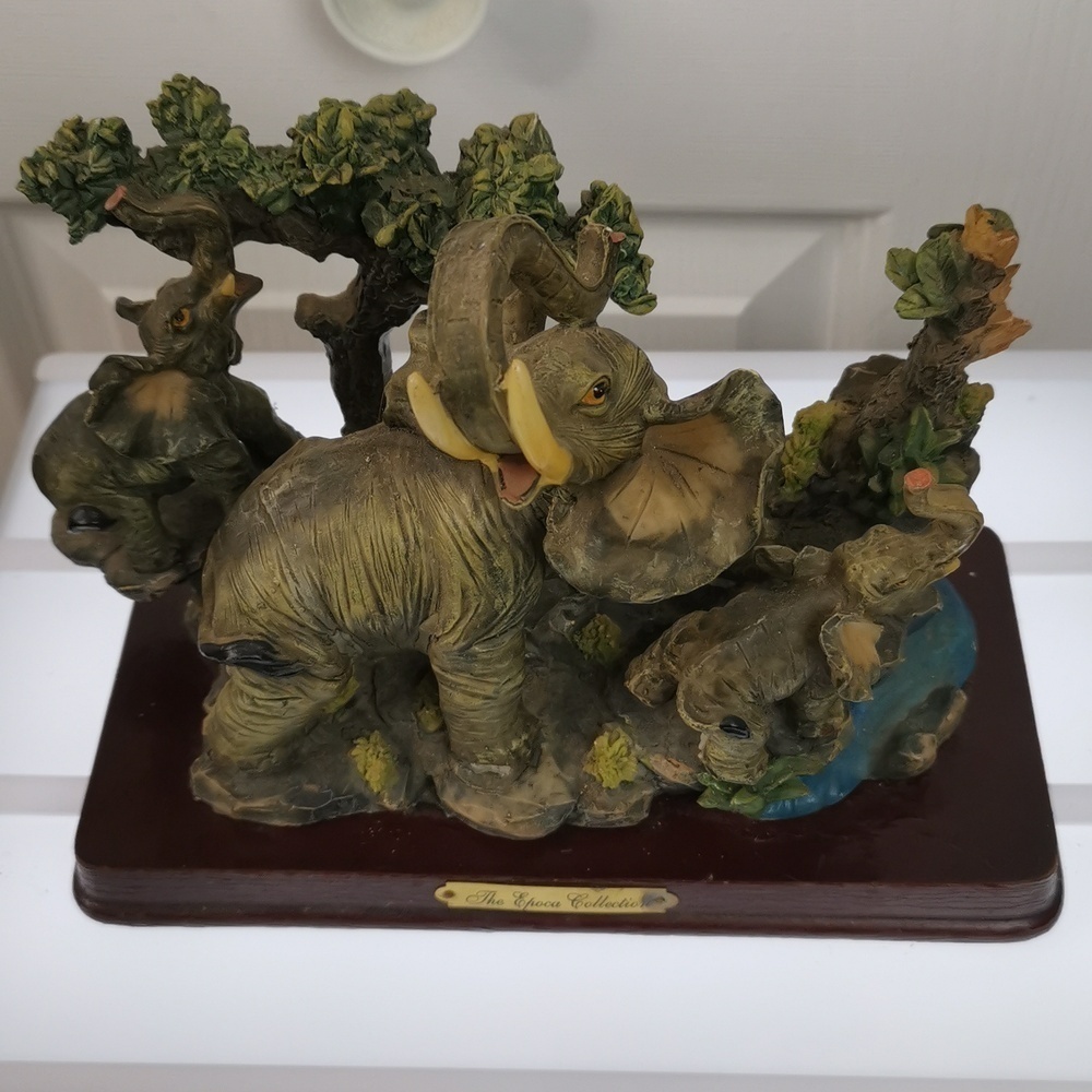 The Mirella Collection Elephant Family Statue on Wooden Base